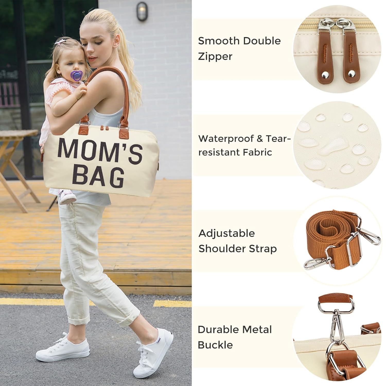 Diaper Bag Tote, Mommy Bag for Hospital, Large Capacity Waterproof Baby Bag for Mom Travel, Hospital Bag for Labor and Delivery with Baby Necessities Bag, Creamy White