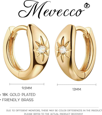 18K Gold Plated Huggie Earrings with Shining Cubic Zriconia Geometry Beads Star Hoop Earrings for Women