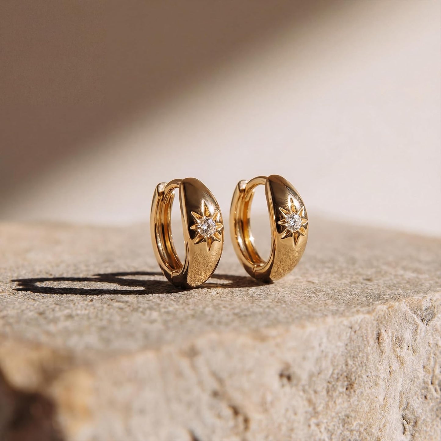 18K Gold Plated Huggie Earrings with Shining Cubic Zriconia Geometry Beads Star Hoop Earrings for Women
