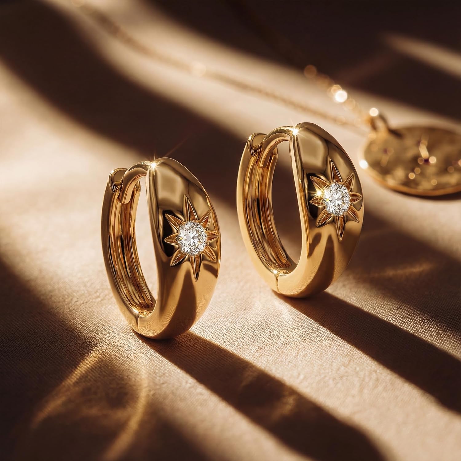 18K Gold Plated Huggie Earrings with Shining Cubic Zriconia Geometry Beads Star Hoop Earrings for Women