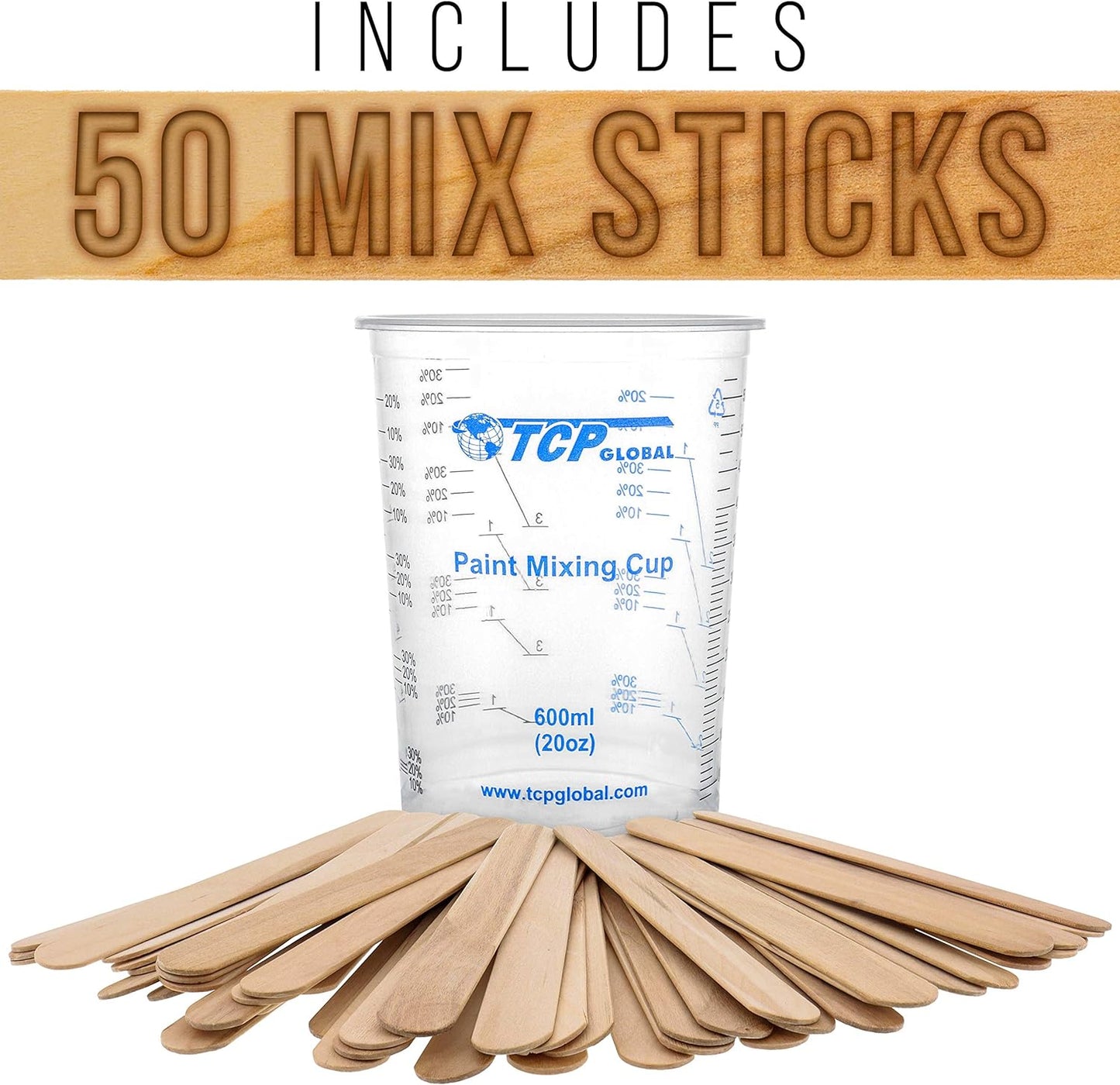 20 Ounce (600Ml) Disposable Flexible Clear Graduated Plastic Mixing Cups - Box of 50 Cups & 50 Mixing Sticks - Use for Paint, Resin, Epoxy, Art, Kitchen - Measuring Ratios 2-1, 3-1, 4-1, ML