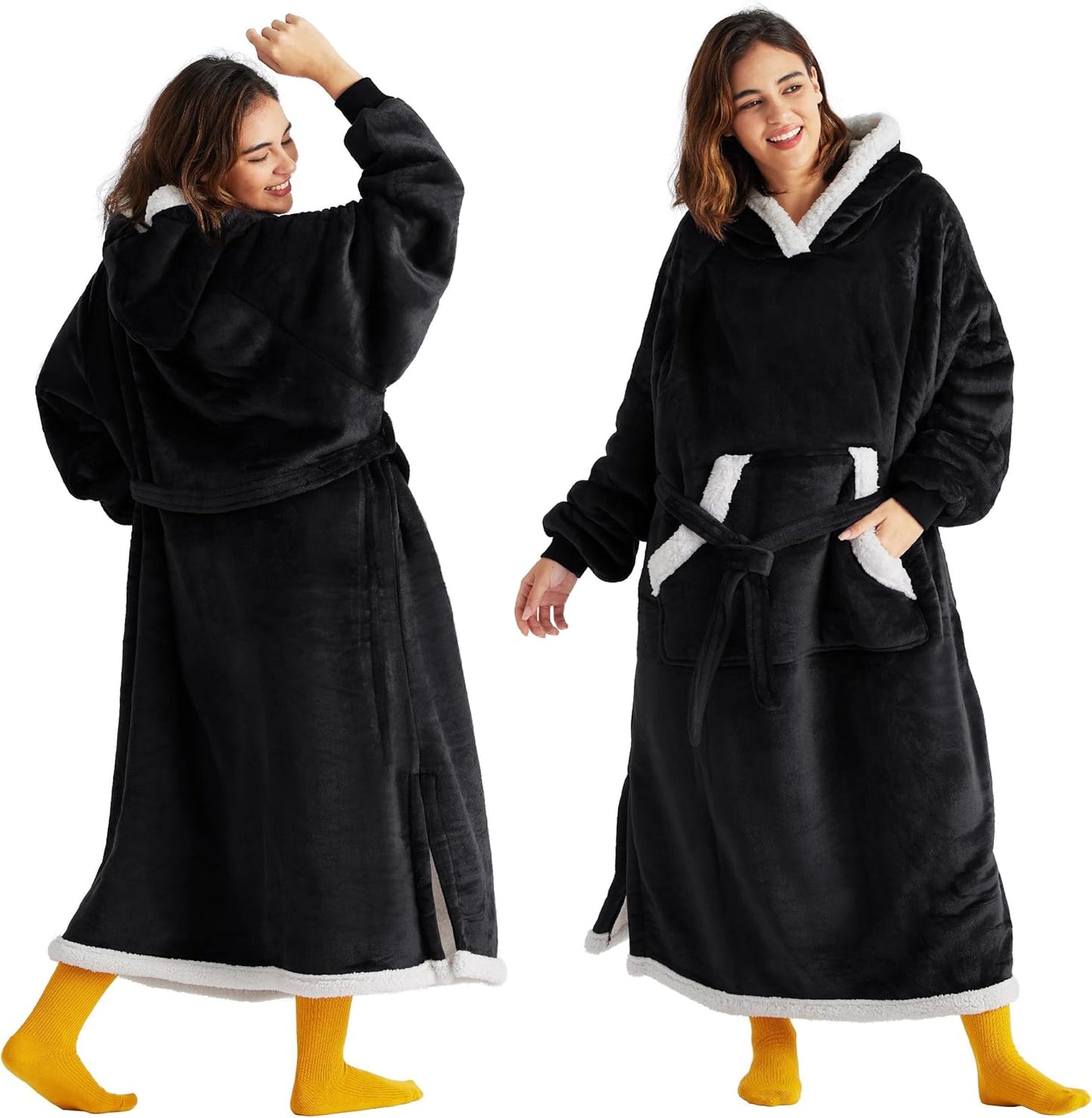 Bedsure Blanket Hoodie Gifts for Men - Long-Length Wearable Hooded Blanket Sweatshirt Adult with Side Split and Belt, Warm Sherpa Fleece Blanket Jacket, Black