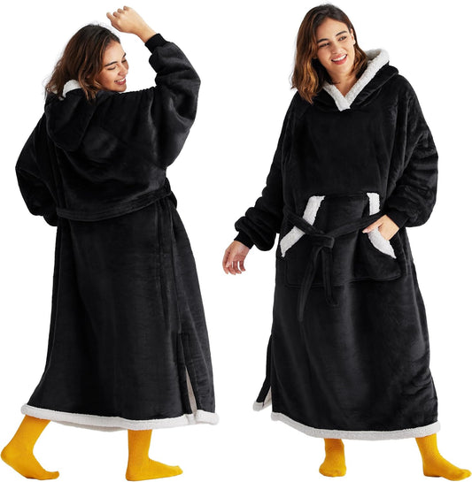 Bedsure Blanket Hoodie Gifts for Men - Long-Length Wearable Hooded Blanket Sweatshirt Adult with Side Split and Belt, Warm Sherpa Fleece Blanket Jacket, Black