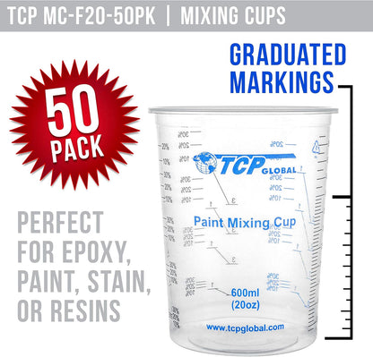 20 Ounce (600Ml) Disposable Flexible Clear Graduated Plastic Mixing Cups - Box of 50 Cups & 50 Mixing Sticks - Use for Paint, Resin, Epoxy, Art, Kitchen - Measuring Ratios 2-1, 3-1, 4-1, ML