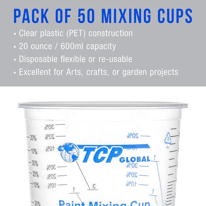20 Ounce (600Ml) Disposable Flexible Clear Graduated Plastic Mixing Cups - Box of 50 Cups & 50 Mixing Sticks - Use for Paint, Resin, Epoxy, Art, Kitchen - Measuring Ratios 2-1, 3-1, 4-1, ML