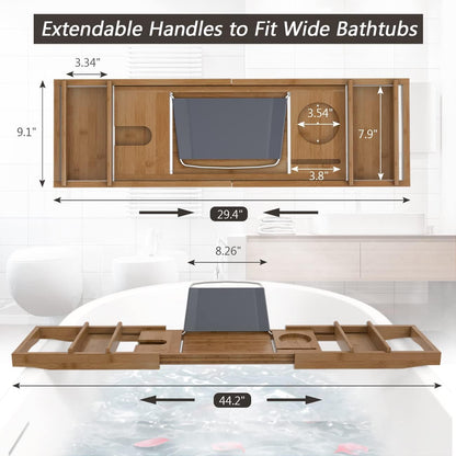 Bathtub Caddy Tray Expandable Bamboo Bath Tub Tray for Luxury Bath with Book Holder Free Soap Dish Brown