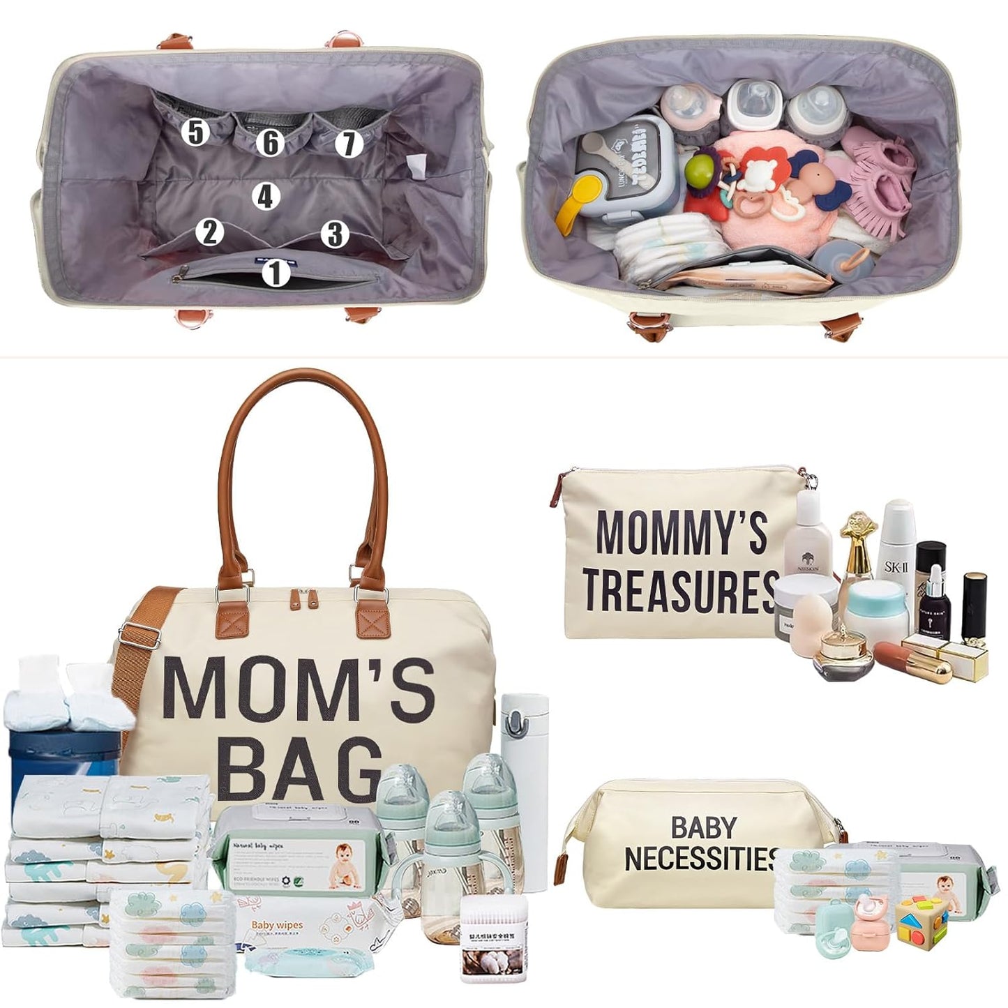 Diaper Bag Tote, Mommy Bag for Hospital, Large Capacity Waterproof Baby Bag for Mom Travel, Hospital Bag for Labor and Delivery with Baby Necessities Bag, Creamy White