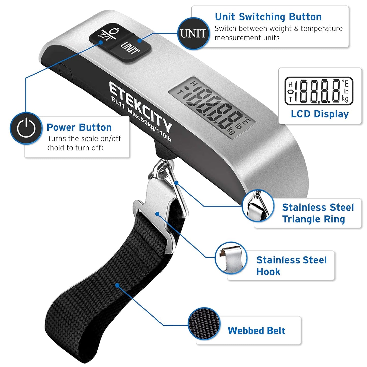 Luggage Scale, Digital Portable Handheld Suitcase Weight for Travel with Rubber Paint, Temperature Sensor, 110 Pounds, Battery Included