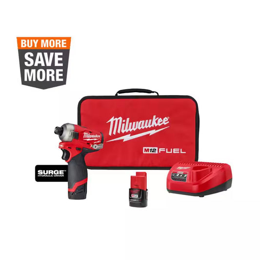M12 FUEL SURGE 12V Lithium-Ion Brushless Cordless 1/4 In. Hex Impact Driver Compact Kit W/Two 2.0Ah Batteries, Bag