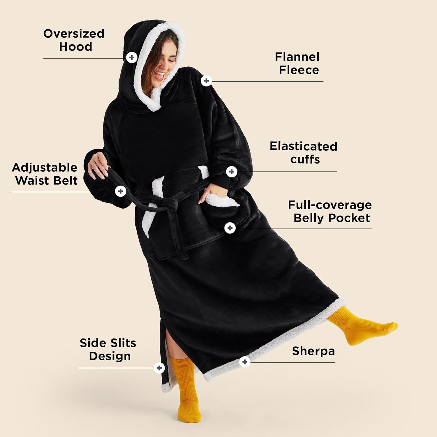 Bedsure Blanket Hoodie Gifts for Men - Long-Length Wearable Hooded Blanket Sweatshirt Adult with Side Split and Belt, Warm Sherpa Fleece Blanket Jacket, Black