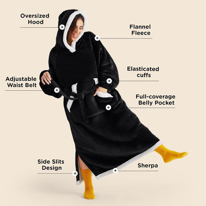Bedsure Blanket Hoodie Gifts for Men - Long-Length Wearable Hooded Blanket Sweatshirt Adult with Side Split and Belt, Warm Sherpa Fleece Blanket Jacket, Black