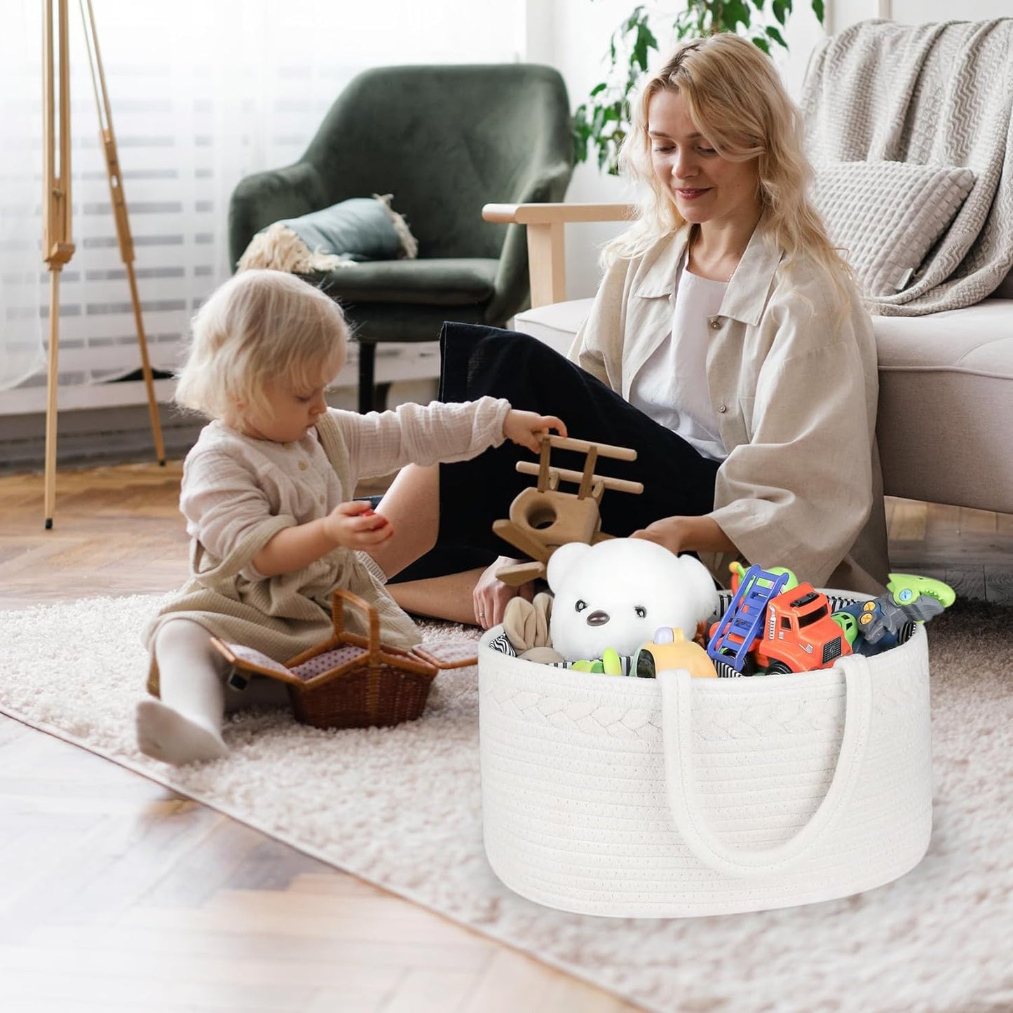 Baby Diaper Caddy Organizer, Boho Rope Nursery Storage Baby Basket Bin Gift Bags for Boys Girls, Portable Caddy Organizer for Changing Table Car, Ideal Gift Baby Shower Basket (White)