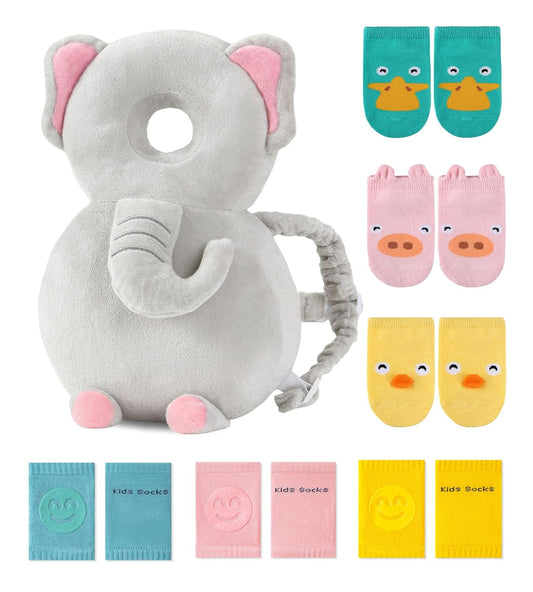 Toddler Baby Head Protector Pad Safety Cushion with Knee Pads&Anti-Slip Socks (Elephant)