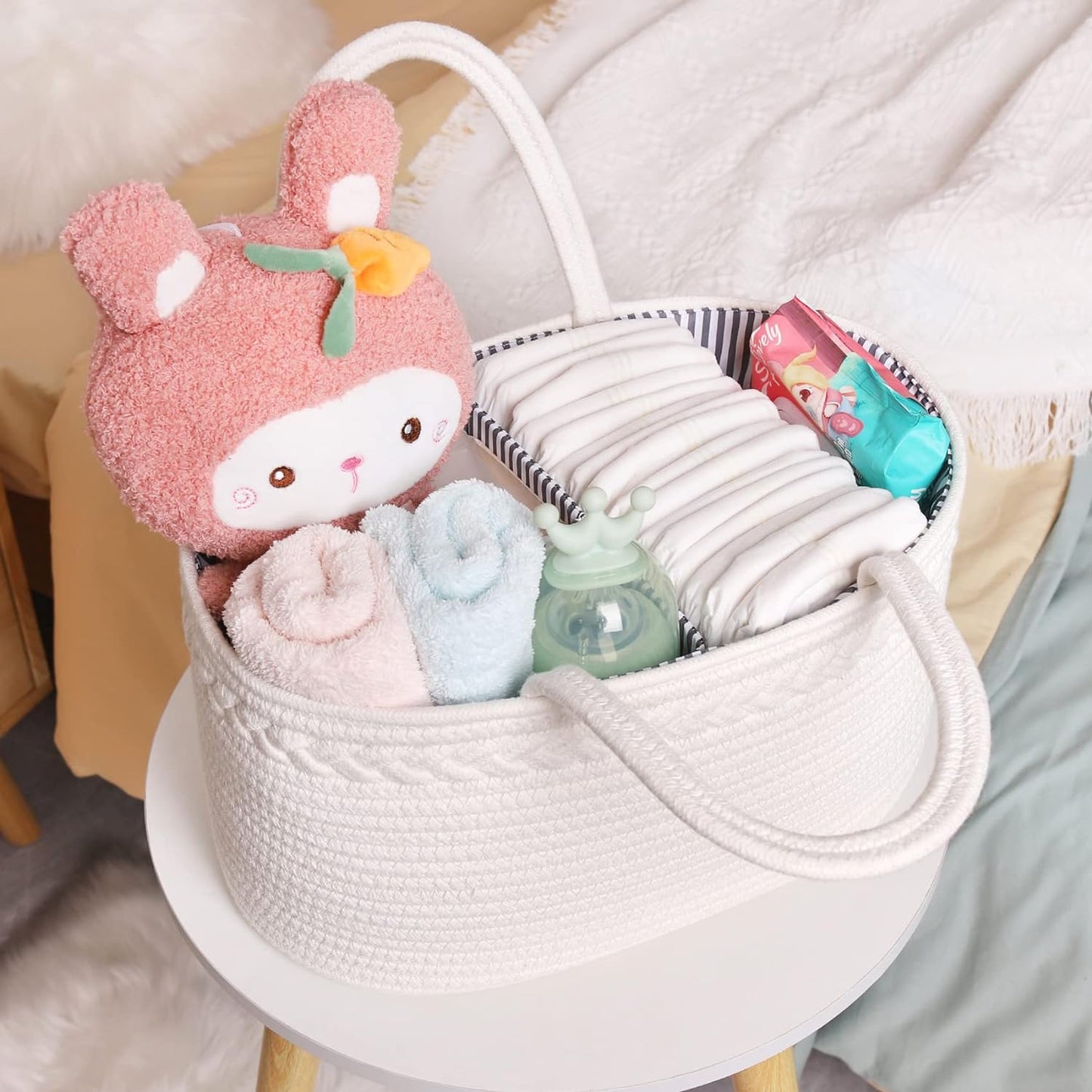 Baby Diaper Caddy Organizer, Boho Rope Nursery Storage Baby Basket Bin Gift Bags for Boys Girls, Portable Caddy Organizer for Changing Table Car, Ideal Gift Baby Shower Basket (White)